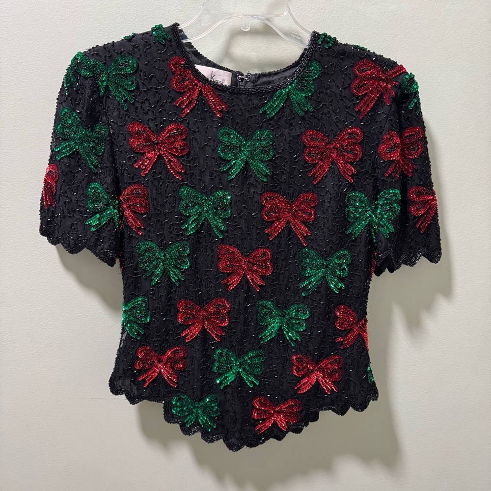 Vintage Laurence Kazar Beaded Bow Blouse Size PS